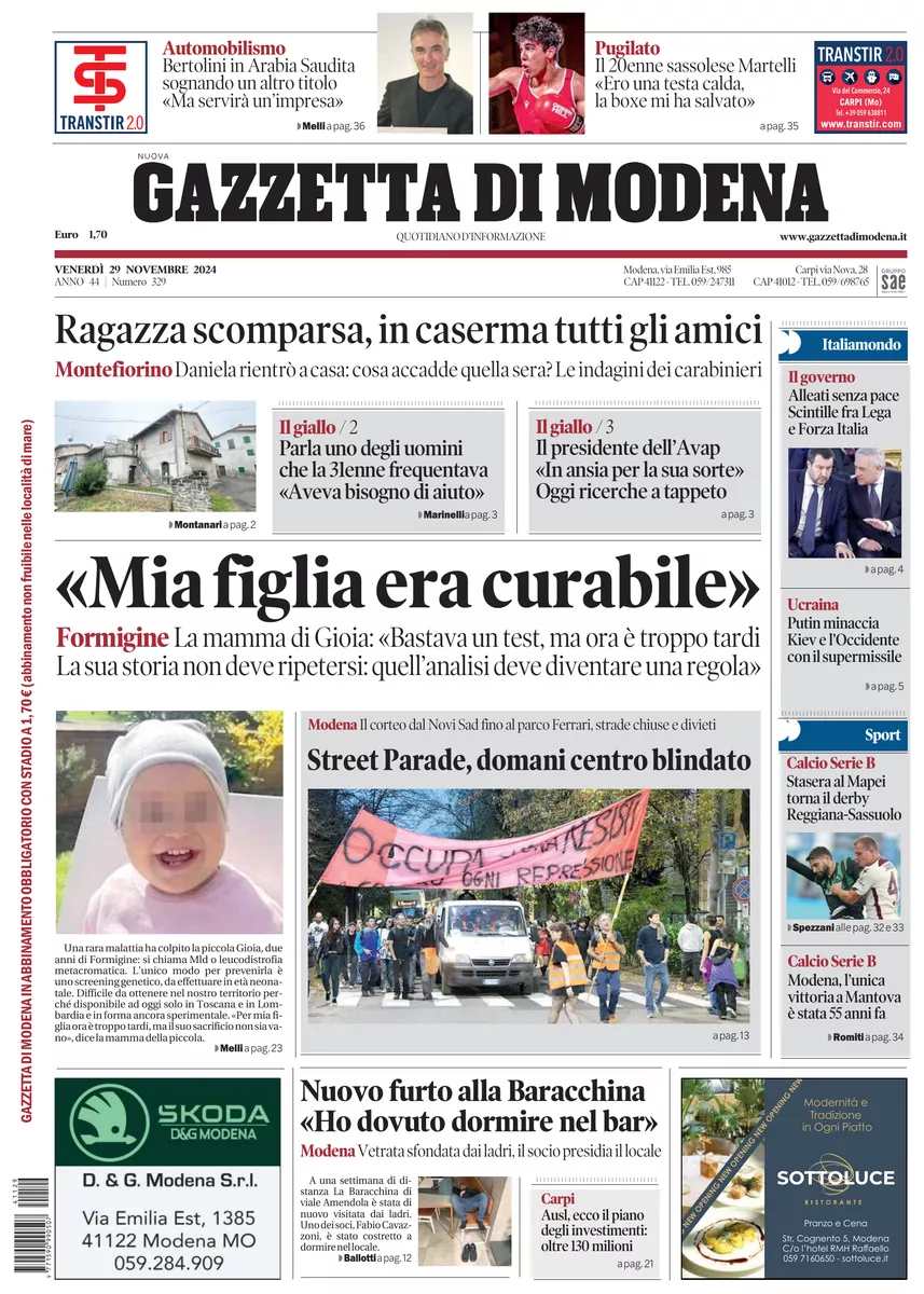 Prima-pagina-gazzetta di modena-oggi-edizione-del-2024-11-29